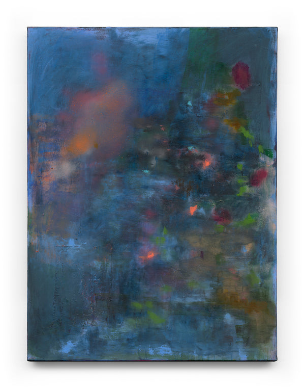 Marisabel Gonzalez's "Pulse Beneath The Field" 90x120cm artwork in a portrait wall setting, showcasing vibrant colors and abstract design.
