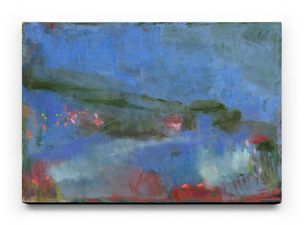 Marisabel Gonzalez's artwork titled "Where The Earth Breathes Slowly" on a 117x87cm wall setting, featuring natural landscape imagery.