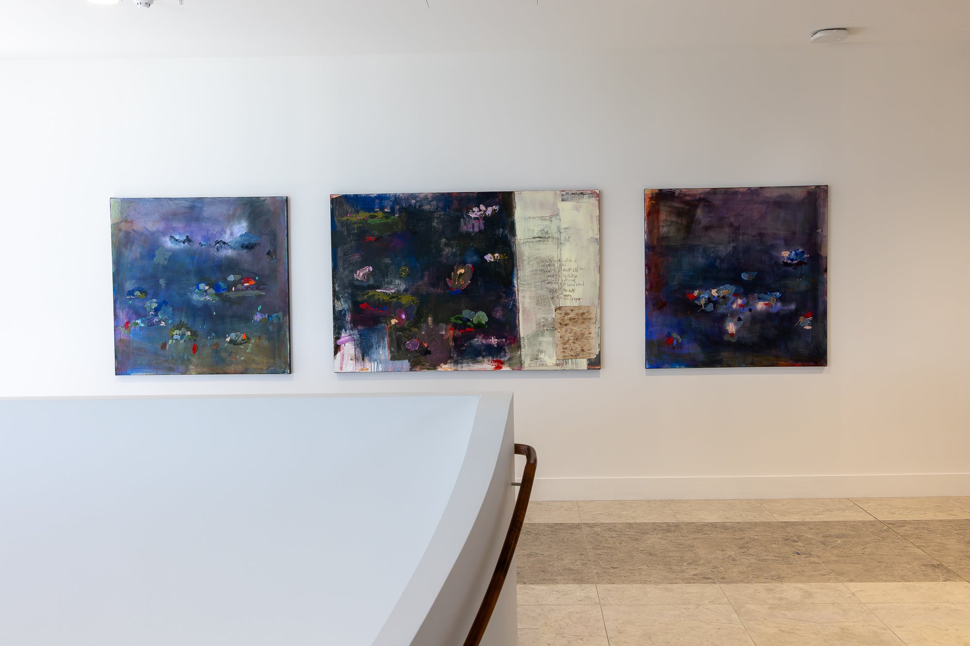 Rain, Pond and Notes, 2024 by Marisabel Gonzalez – abstract paintings installed in hospital interior