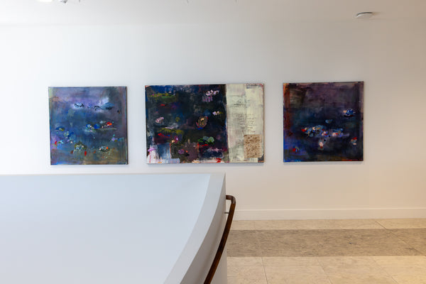 Rain, Pond and Notes, 2024 by Marisabel Gonzalez – abstract paintings installed in hospital interior