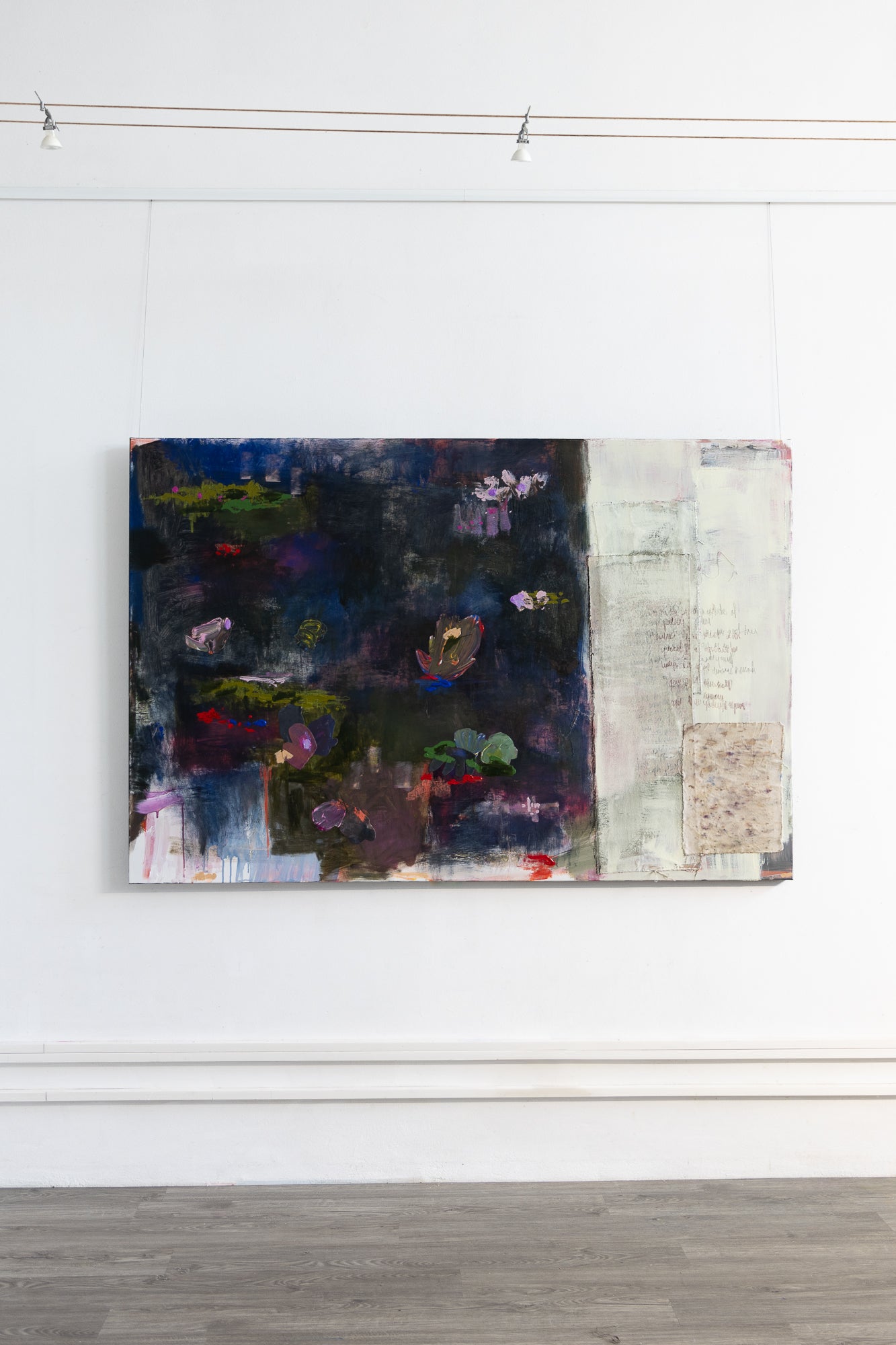 Rain, Pond and Notes, 2024 – abstract painting by Marisabel Gonzalez with dark layered colours and textured canvas