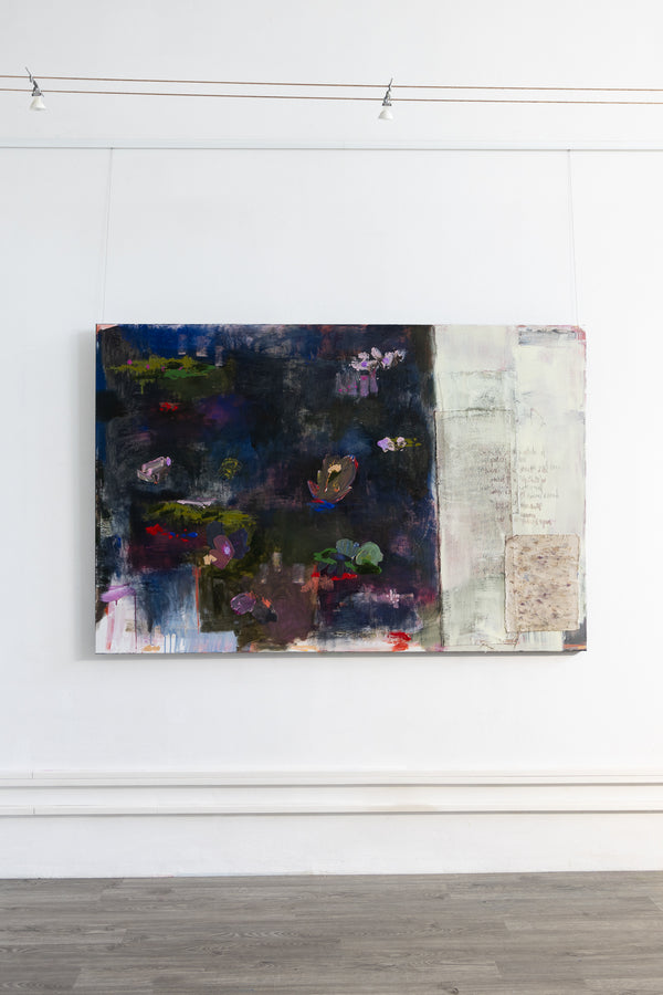 Rain, Pond and Notes, 2024 – abstract painting by Marisabel Gonzalez with dark layered colours and textured canvas
